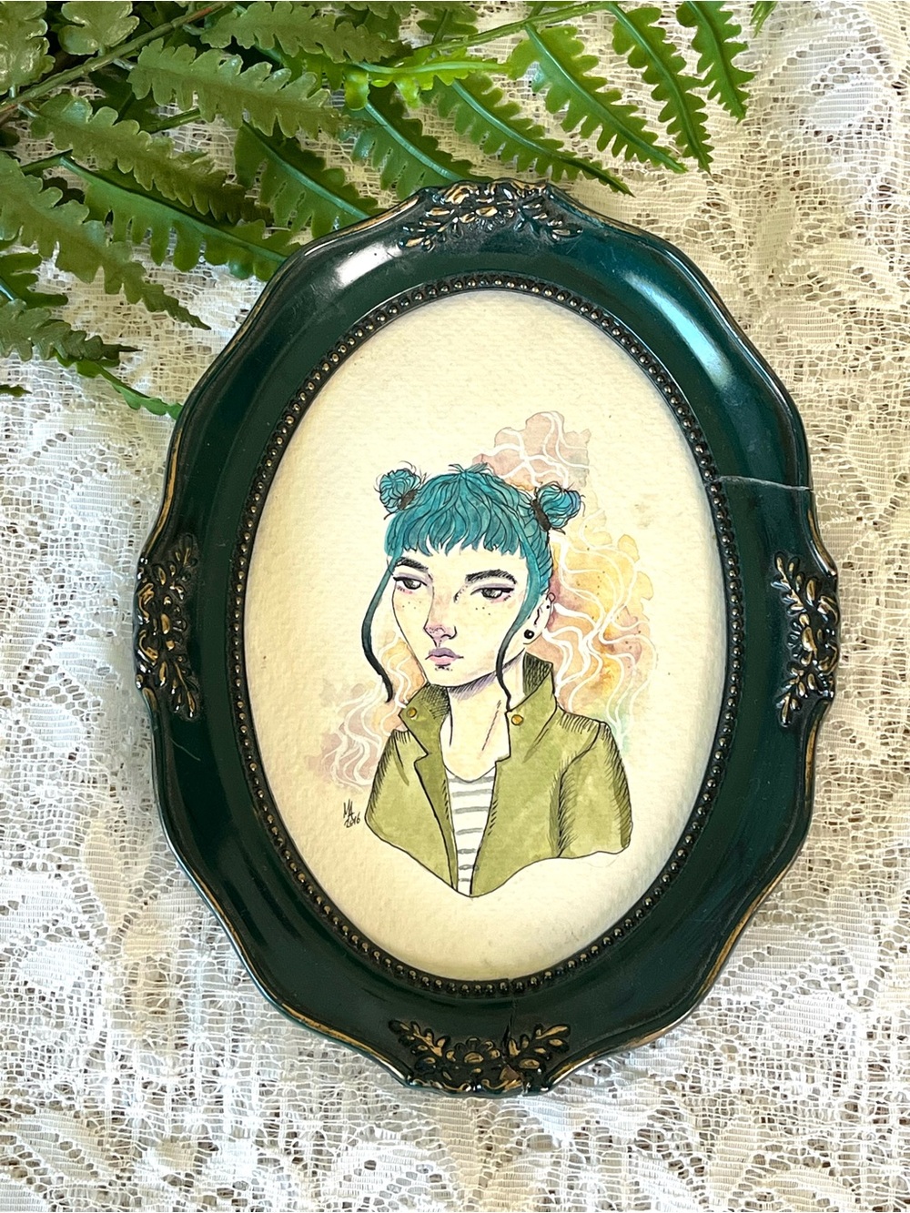 Green Oval Framed Portrait Drawing Art 5x7